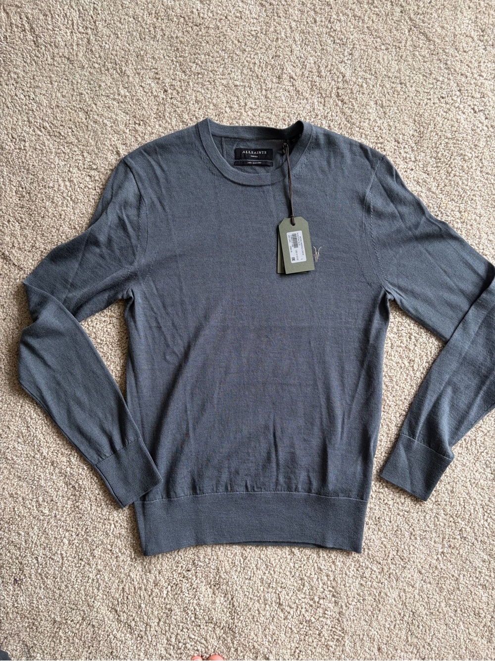 Allsaints men’s merino wool long sleeve winter blue sweater size small NWT $125